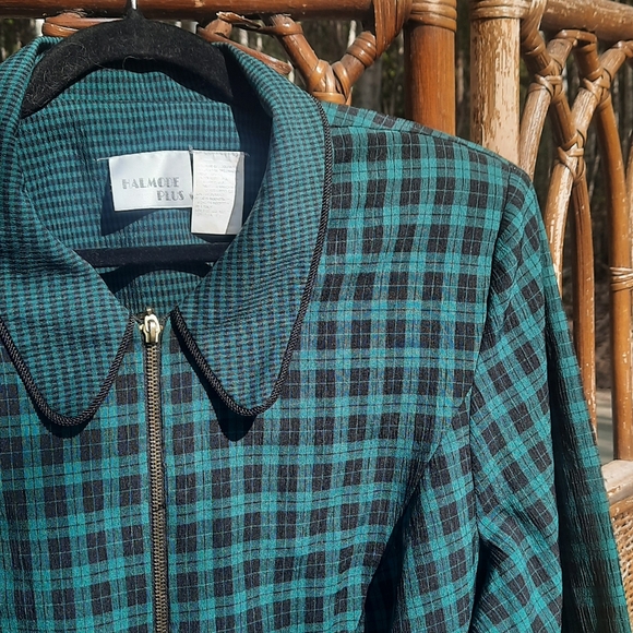 🍀3/15 Halmode Plus Green & Black Zip Up Blouse - Picture 2 of 6